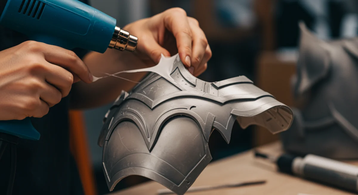 Mãos moldando armadura detalhada com material termoplástico, demonstrando flexibilidade e precisão.