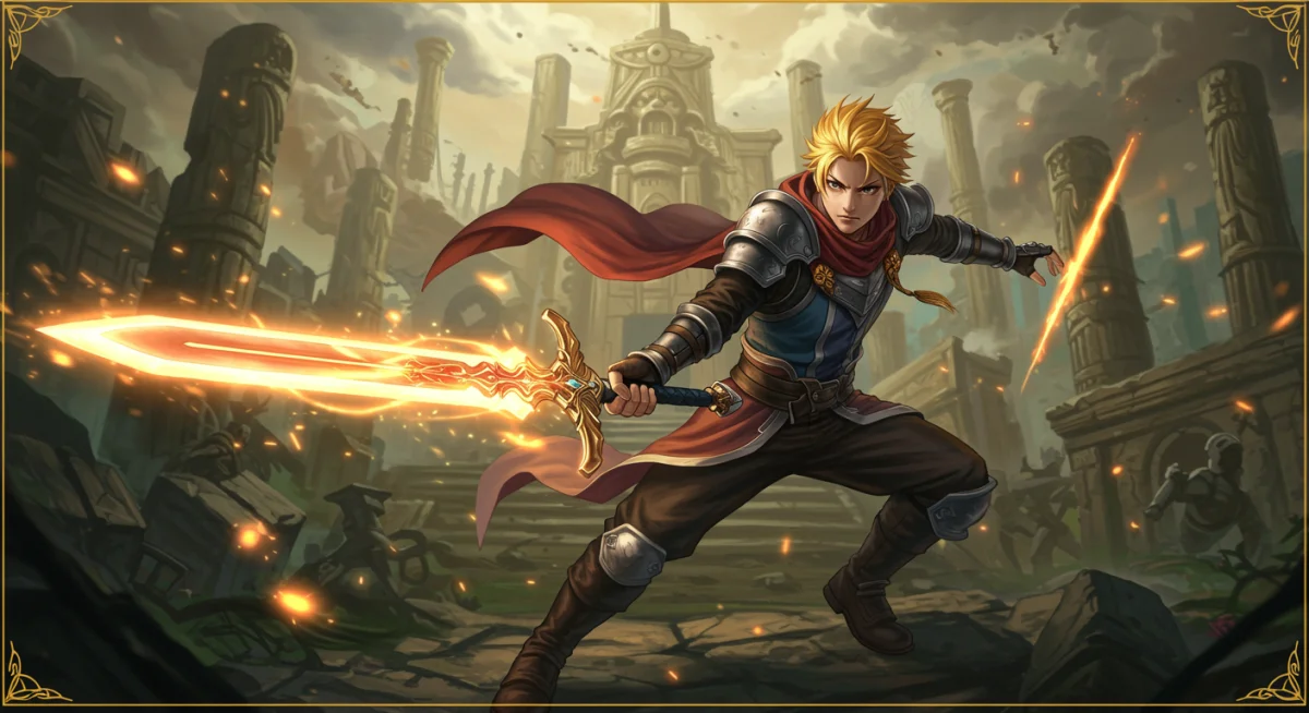 Personagem de anime de fantasia empunhando uma espada mágica em ruínas antigas, simbolizando uma nova temporada épica.