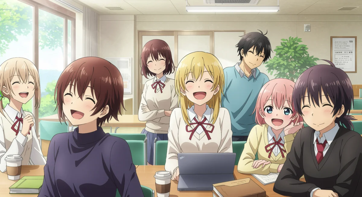 Grupo de personagens de anime em um cenário escolar ou café, interagindo e rindo, representando um anime de slice-of-life.