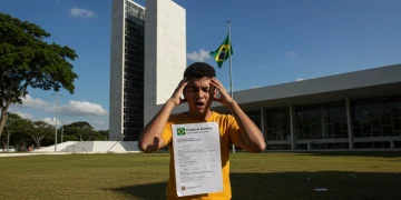 Pessoa frustrada com atendimento público segurando formulário de reclamação em frente a prédio governamental moderno no Brasil de 2026.