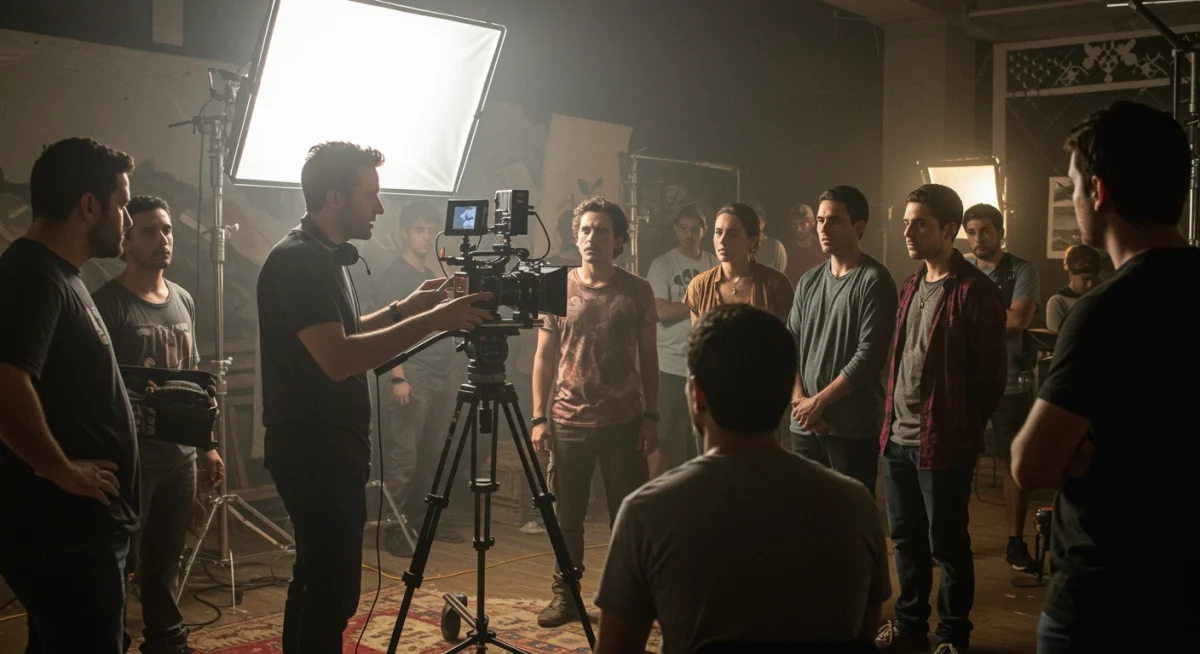 Bastidores de uma produção nacional da Netflix, com equipe e atores em cena, ilustrando o processo criativo e técnico.