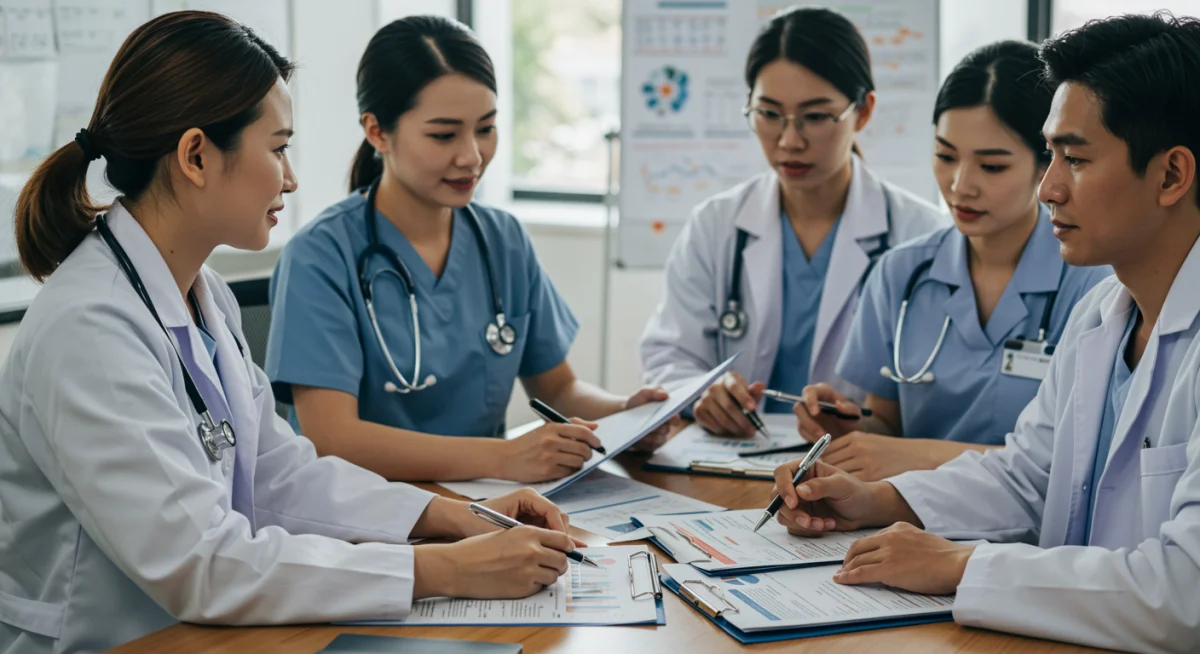 Profissionais de saúde em reunião discutindo melhorias no atendimento e gestão do sistema público de saúde.